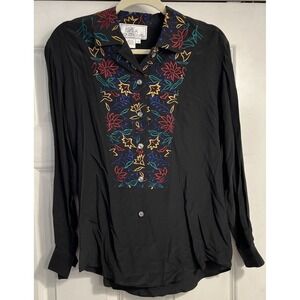 Vtg Womens 100%‎ Silk Floral Embroidered button front Blouse Black Sz Small